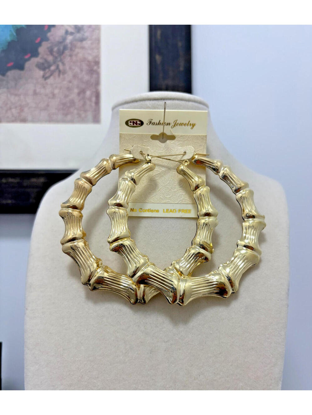 Vintage 80s Shiny Gold Tone Large Light Weight Bamboo Style Hoops Pierced Glam